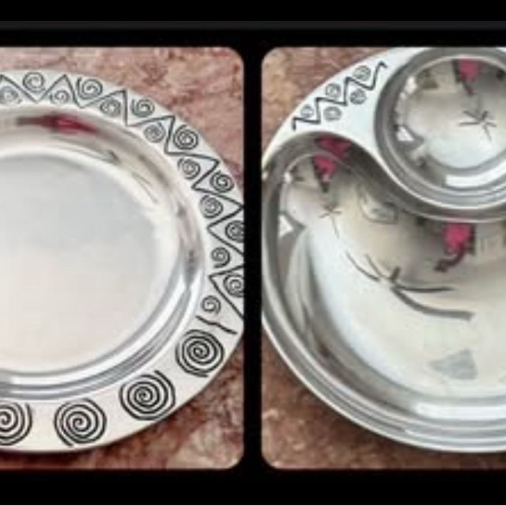 Decorative Stainless Steel Dinner Plate in Silver with Spiral Border